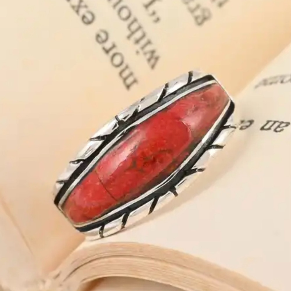 CLOSEOUT Unisex Santa Fe Style Red Coral Ring in Sterling Silver.  NWT
